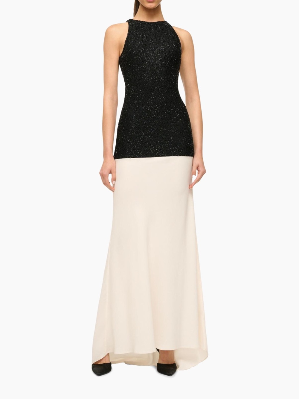 Staud Elegant Beaded Black & Cream Crepe Two-Tone Gown
